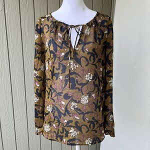 LOFT XS Oversized Floral Blouse Tie Neck Brown Navy Pink White Flowy Top